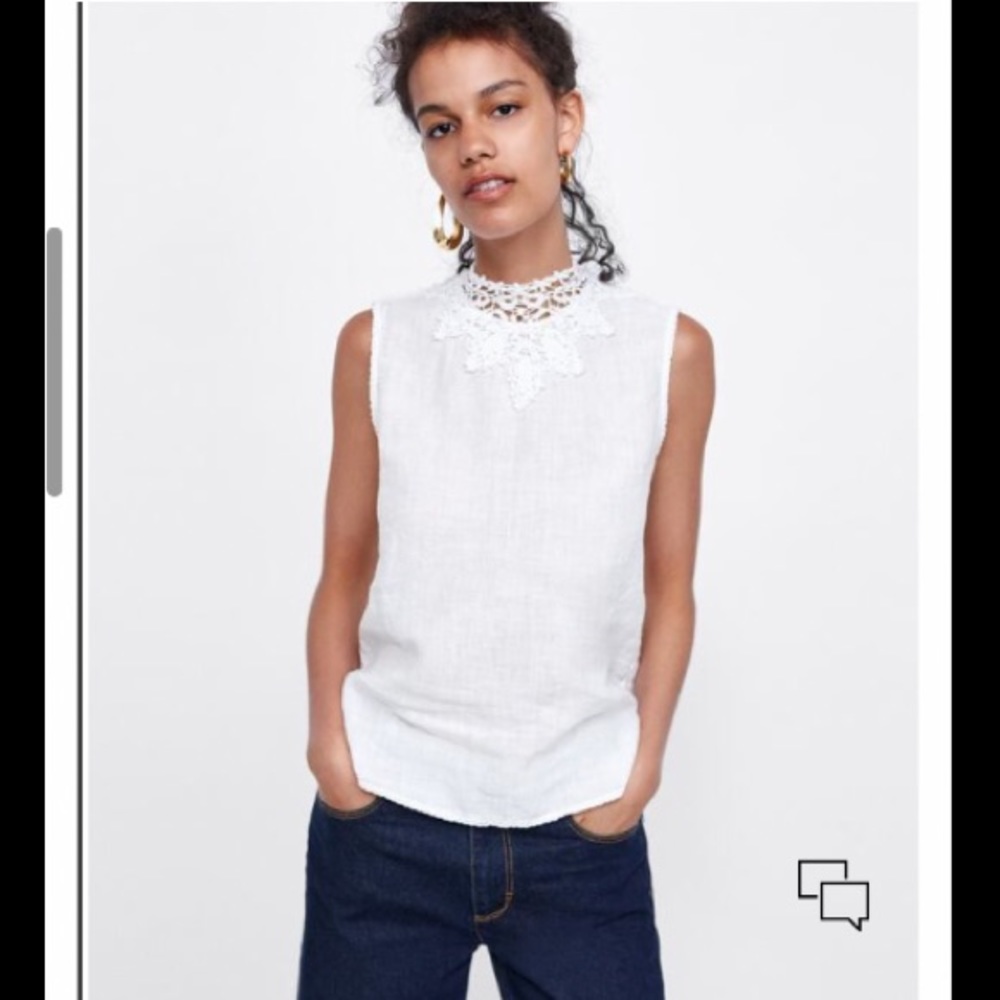 Zara Linen Crochet Lace Mock Neck Top Ivory M L - Picture 2 of 11
